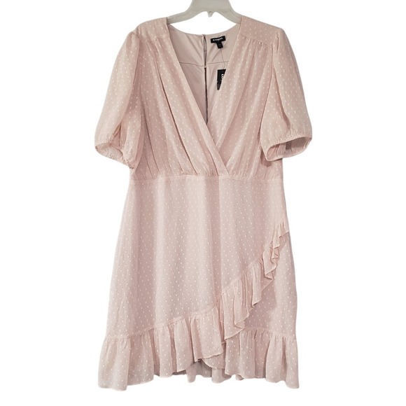 NWT Express Wrap Dress Women Light Pink XL Ruffle Trim Swiss Dot V Neck Pullover - Picture 1 of 12